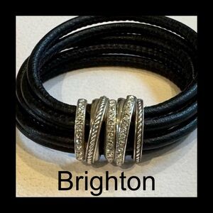BRIGHTON BRACELET NEPTUNE’S RINGS SILVER / BLACK LEATHER CRYSTAL MAGNETIC WRAP